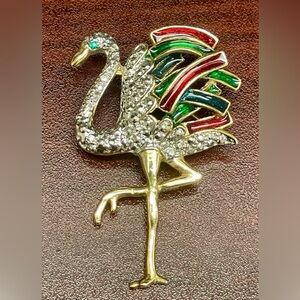 Ostrich Flamingo Bird Enamel Brooch Pin Rhinestone Multi Color Gold - Vintage